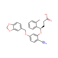 Cc1ccccc1[C@@H](CCC(=O)O)Oc1cc(OCc2ccc3c(c2)OCO3)ccc1C#N ZINC000013780346