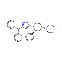 Cc1ccccc1[C@@H]1C[C@H](N2CCOCC2)CC[C@H]1c1cc(C(c2ccccc2)c2ccccc2)n[nH]1 ZINC000169306834