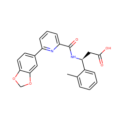 Cc1ccccc1[C@H](CC(=O)O)NC(=O)c1cccc(-c2ccc3c(c2)OCO3)n1 ZINC000261095393