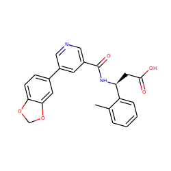 Cc1ccccc1[C@H](CC(=O)O)NC(=O)c1cncc(-c2ccc3c(c2)OCO3)c1 ZINC000261174362