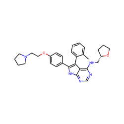 Cc1ccccc1-c1c(-c2ccc(OCCN3CCCC3)cc2)[nH]c2ncnc(NC[C@@H]3CCCO3)c12 ZINC000084732632