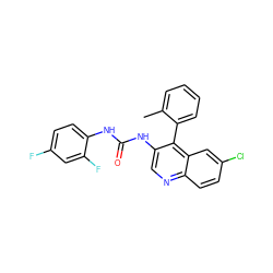 Cc1ccccc1-c1c(NC(=O)Nc2ccc(F)cc2F)cnc2ccc(Cl)cc12 ZINC000003803526