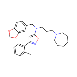 Cc1ccccc1-c1cc(N(CCCN2CCCCCC2)Cc2ccc3c(c2)OCO3)on1 ZINC000013437474