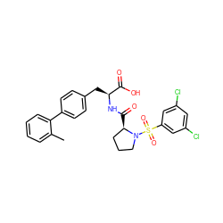 Cc1ccccc1-c1ccc(C[C@H](NC(=O)[C@@H]2CCCN2S(=O)(=O)c2cc(Cl)cc(Cl)c2)C(=O)O)cc1 ZINC000026656837