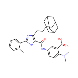 Cc1ccccc1-c1nc(CCC23CC4CC(CC(C4)C2)C3)c(C(=O)Nc2ccc(N(C)C)c(C(=O)O)c2)[nH]1 ZINC000013674715