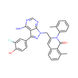 Cc1ccccc1-n1c(Cn2nc(-c3ccc(O)c(F)c3)c3c(N)ncnc32)cc2cccc(C)c2c1=O ZINC000145965496