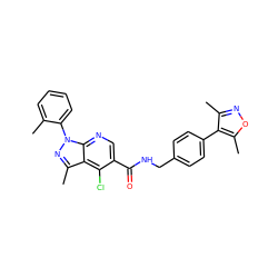 Cc1ccccc1-n1nc(C)c2c(Cl)c(C(=O)NCc3ccc(-c4c(C)noc4C)cc3)cnc21 ZINC000049068813