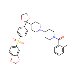 Cc1ccccc1C(=O)N1CCC(N2CCC(C3(c4ccc(S(=O)(=O)c5ccc6c(c5)OCO6)cc4)OCCO3)CC2)CC1 ZINC000027104085