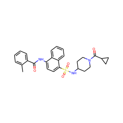 Cc1ccccc1C(=O)Nc1ccc(S(=O)(=O)NC2CCN(C(=O)C3CC3)CC2)c2ccccc12 ZINC000035242673