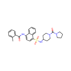 Cc1ccccc1C(=O)Nc1ccc(S(=O)(=O)NC2CCN(C(=O)N3CCCC3)CC2)c2ccccc12 ZINC000036184929