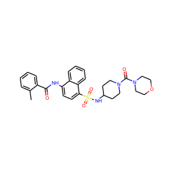 Cc1ccccc1C(=O)Nc1ccc(S(=O)(=O)NC2CCN(C(=O)N3CCOCC3)CC2)c2ccccc12 ZINC000036184931