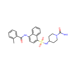 Cc1ccccc1C(=O)Nc1ccc(S(=O)(=O)NC2CCN(C(N)=O)CC2)c2ccccc12 ZINC000035242688