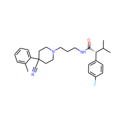 Cc1ccccc1C1(C#N)CCN(CCCNC(=O)[C@@H](c2ccc(F)cc2)C(C)C)CC1 ZINC000029392871