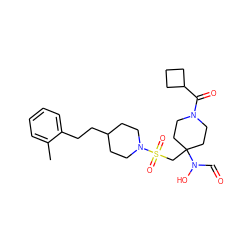 Cc1ccccc1CCC1CCN(S(=O)(=O)CC2(N(O)C=O)CCN(C(=O)C3CCC3)CC2)CC1 ZINC000071295504