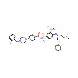 Cc1ccccc1CN1CCN(c2ccc(C(=O)NS(=O)(=O)c3ccc(N[C@H](CCN(C)C)CSc4ccccc4)c([N+](=O)[O-])c3)cc2)CC1 ZINC000029464900