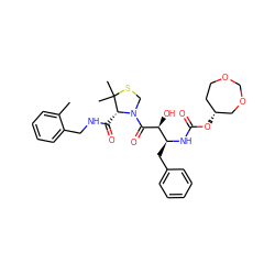 Cc1ccccc1CNC(=O)[C@H]1N(C(=O)[C@@H](O)[C@H](Cc2ccccc2)NC(=O)O[C@@H]2CCOCOC2)CSC1(C)C ZINC000049762450