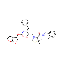 Cc1ccccc1CNC(=O)[C@H]1N(C[C@@H](O)[C@H](Cc2ccccc2)NC(=O)O[C@H]2CO[C@H]3OCC[C@@H]23)CSC1(C)C ZINC000049763105