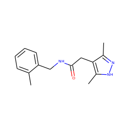 Cc1ccccc1CNC(=O)Cc1c(C)n[nH]c1C ZINC000015769323