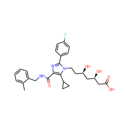 Cc1ccccc1CNC(=O)c1nc(-c2ccc(F)cc2)n(CC[C@@H](O)C[C@@H](O)CC(=O)O)c1C1CC1 ZINC000071294210