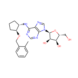 Cc1ccccc1CO[C@H]1CCC[C@@H]1Nc1ncnc2c1ncn2[C@H]1O[C@H](CO)[C@@H](O)[C@H]1O ZINC000096169067