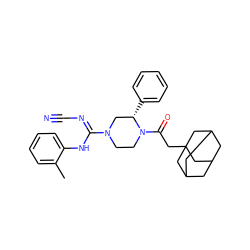 Cc1ccccc1N/C(=N\C#N)N1CCN(C(=O)CC23CC4CC(CC(C4)C2)C3)[C@@H](c2ccccc2)C1 ZINC000029128890