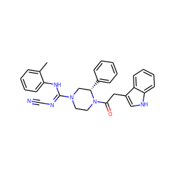 Cc1ccccc1N/C(=N\C#N)N1CCN(C(=O)Cc2c[nH]c3ccccc23)[C@@H](c2ccccc2)C1 ZINC000029128888