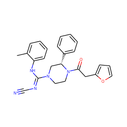 Cc1ccccc1N/C(=N\C#N)N1CCN(C(=O)Cc2ccco2)[C@@H](c2ccccc2)C1 ZINC000029129017