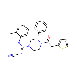 Cc1ccccc1N/C(=N\C#N)N1CCN(C(=O)Cc2cccs2)[C@@H](c2ccccc2)C1 ZINC000029129058