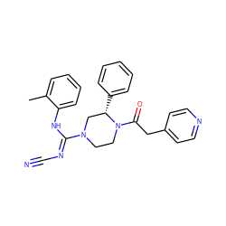 Cc1ccccc1N/C(=N\C#N)N1CCN(C(=O)Cc2ccncc2)[C@@H](c2ccccc2)C1 ZINC000029129103