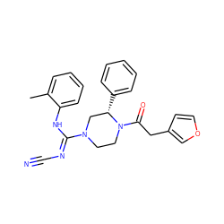 Cc1ccccc1N/C(=N\C#N)N1CCN(C(=O)Cc2ccoc2)[C@@H](c2ccccc2)C1 ZINC000029128575