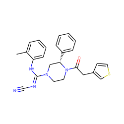 Cc1ccccc1N/C(=N\C#N)N1CCN(C(=O)Cc2ccsc2)[C@@H](c2ccccc2)C1 ZINC000029129019