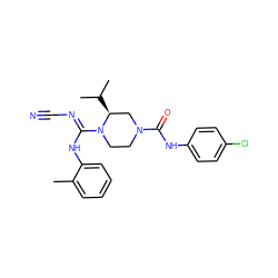 Cc1ccccc1N/C(=N\C#N)N1CCN(C(=O)Nc2ccc(Cl)cc2)C[C@@H]1C(C)C ZINC000040934998