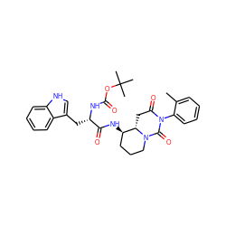 Cc1ccccc1N1C(=O)C[C@H]2[C@H](NC(=O)[C@H](Cc3c[nH]c4ccccc34)NC(=O)OC(C)(C)C)CCCN2C1=O ZINC000026296194