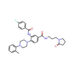 Cc1ccccc1N1CCN(c2ccc(C(=O)NCCCN3CCCC3=O)cc2NC(=O)c2ccc(F)cc2)CC1 ZINC000208658048