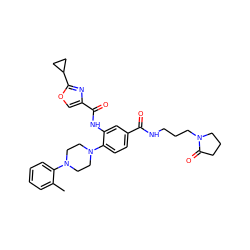 Cc1ccccc1N1CCN(c2ccc(C(=O)NCCCN3CCCC3=O)cc2NC(=O)c2coc(C3CC3)n2)CC1 ZINC000144347048