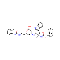 Cc1ccccc1NC(=O)NCCCC[C@@H](CC(=O)O)NC(=O)[C@@](C)(Cc1c[nH]c2ccccc12)NC(=O)OC1C2CC3CC(C2)CC1C3 ZINC000028249631