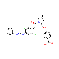 Cc1ccccc1NC(=O)Nc1cc(Cl)c(CC(=O)N2C[C@@H](F)C[C@H]2COc2ccc(C(=O)O)cc2)cc1Cl ZINC000044352455