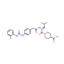 Cc1ccccc1NC(=O)Nc1ccc(CC(=O)N[C@@H](CC(C)C)C(=O)N2CCC(C(=O)O)CC2)cc1 ZINC000003964221