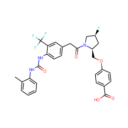 Cc1ccccc1NC(=O)Nc1ccc(CC(=O)N2C[C@@H](F)C[C@H]2COc2ccc(C(=O)O)cc2)cc1C(F)(F)F ZINC000014966043