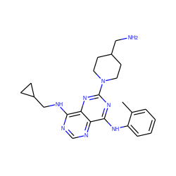 Cc1ccccc1Nc1nc(N2CCC(CN)CC2)nc2c(NCC3CC3)ncnc12 ZINC000084635675