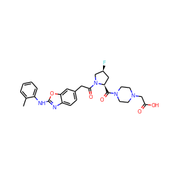 Cc1ccccc1Nc1nc2ccc(CC(=O)N3C[C@@H](F)C[C@H]3C(=O)N3CCN(CC(=O)O)CC3)cc2o1 ZINC000040936148