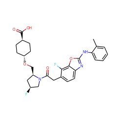 Cc1ccccc1Nc1nc2ccc(CC(=O)N3C[C@@H](F)C[C@H]3CO[C@H]3CC[C@H](C(=O)O)CC3)c(F)c2o1 ZINC000261156247