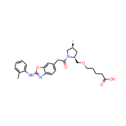 Cc1ccccc1Nc1nc2ccc(CC(=O)N3C[C@@H](F)C[C@H]3COCCCCC(=O)O)cc2o1 ZINC000040936382