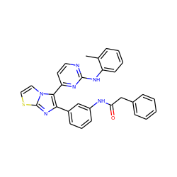 Cc1ccccc1Nc1nccc(-c2c(-c3cccc(NC(=O)Cc4ccccc4)c3)nc3sccn23)n1 ZINC000063539904