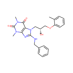 Cc1ccccc1OC[C@H](O)Cn1c(NCc2ccccc2)nc2c1c(=O)n(C)c(=O)n2C ZINC000000625757