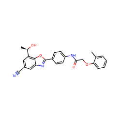 Cc1ccccc1OCC(=O)Nc1ccc(-c2nc3cc(C#N)cc([C@@H](C)O)c3o2)cc1 ZINC000045340041