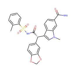 Cc1ccccc1S(=O)(=O)NC(=O)[C@@H](c1ccc2c(c1)OCO2)c1cn(C)c2cc(C(N)=O)ccc12 ZINC000013436404