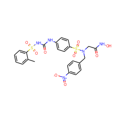 Cc1ccccc1S(=O)(=O)NC(=O)Nc1ccc(S(=O)(=O)N(CC(=O)NO)Cc2ccc([N+](=O)[O-])cc2)cc1 ZINC000029547464