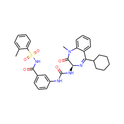 Cc1ccccc1S(=O)(=O)NC(=O)c1cccc(NC(=O)N[C@@H]2N=C(C3CCCCC3)c3ccccc3N(C)C2=O)c1 ZINC000003938980