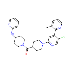 Cc1cccnc1-c1cc(N2CCC(C(=O)N3CCC(Nc4ccccn4)CC3)CC2)ncc1Cl ZINC000146881814